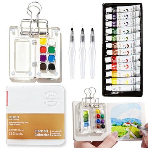 Mini Watercolor Set, Travel Palette for Sketching, Acrylic Palette | 12 colors, 3 water brushes, sketchbook, palette and clip; 6x6cm mini kit for travel, outdoor sketching and art class.