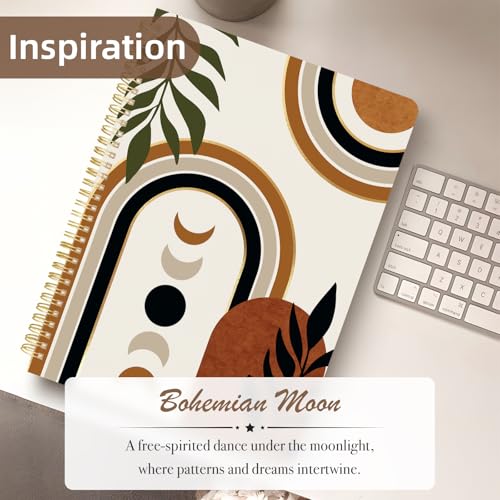 Cute Spiral Notebook journal A4 Aesthetic Pretty Design for Women Girls Kawaii with Pocket, 8.5 x 11 inch, Lined, Moon Boho - color: Moon Boho, style: Lined