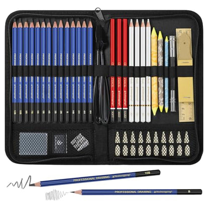 53 Pack Drawing Set Sketch Kit, Sketching Supplies for Drawing with Graphite, and Charcoal Pencils, Pro Art Drawing Kit for Artists Adults Beginner, Ideal for Shading, Blending