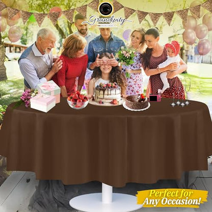 Grandipty Plastic Table Cloth Disposable 12 Pack 84" Round Brown | Plastic table covers, durable disposable tablecloths, fade and tear-resistent table cover for party, event