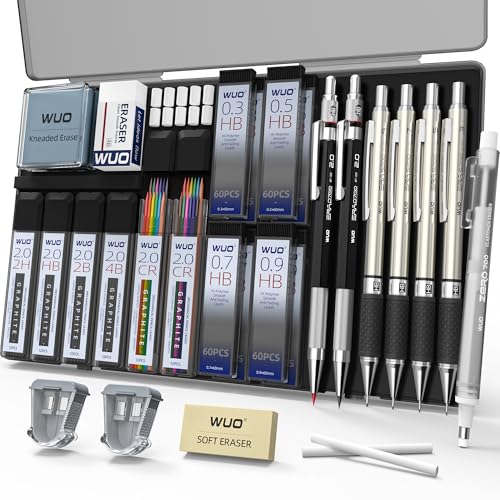 WUO 38PCS Art Mechanical Pencil Set with Storage Case, Metal Drawing Pencil - color: Black+Silver2 - 4 Sizes + 2.0mm