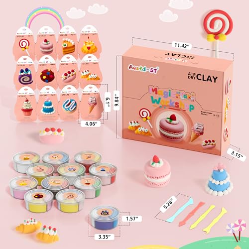 Aestd-ST Air Dry Clay Kit - Cake Themed, Modeling Clay for Kids | Dessert DIY Magic Clay with Tools and Tutorials, 12 Boxes Molding Clay, Soft & Non-Sticky, Arts and Crafts Gifts for Kids - color: Cake Theme