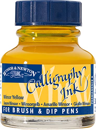 Winsor & Newton Calligraphy Ink, 30ml (1-oz) Bottle, Winsor Yellow | Lightfast Colors, Satin Finish, Thin Inks Suitable for fip-pens, brushes and airbrushes; Opaque Colors for dip-pen or brush - color: Winsor Yellow, size: 1 fl oz