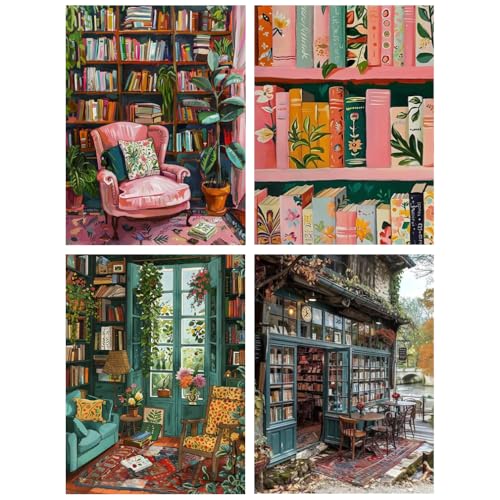 Clendo 4 Packs Study Room Paint by Numbers Kit for Adults Beginner, Bookshelf Adult Paint by Number on Canvas, DIY Street Acrylic Oil Easy Painting by Numbers for Home Wall Decor 12X16 inch - color: MT22885-MT22886-MT22887-MT22888-US