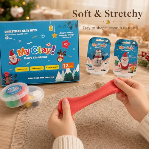 Air Dry Clay for Kids, 12 Christmas Modeling Clay DIY Model Magic Clay Kit with Tools&Tutorials, Soft&Non-Sticky, Safe&Non-Toxic, Creatible Art Crafts Toys Gifts for Kids,Christmas Crafts Xmas Gift - color: 12 Packs Christmas Clay Kit