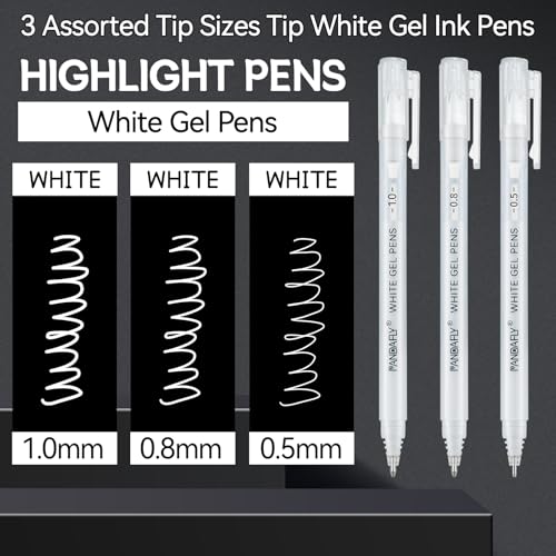 PANDAFLY White Gel Pens, 3-Pack, 0.5/0.8/1.0mm Assorted Tip | Opaque White Archival Ink Pens for Highlights, Black Paper Drawing, Sketching, Illustration, Card Making, Bullet Journaling - style: White-0.5+0.8+1.0mm