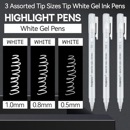 PANDAFLY White Gel Pens, 3-Pack, 0.5/0.8/1.0mm Assorted Tip | Opaque White Archival Ink Pens for Highlights, Black Paper Drawing, Sketching, Illustration, Card Making, Bullet Journaling - style: White-0.5+0.8+1.0mm