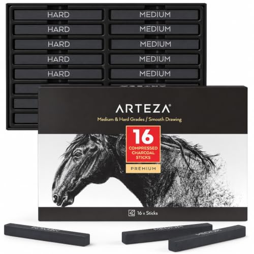 ARTEZA Compressed Charcoal Sticks Set of 16 – Medium and Hard Drawing Crayons for Sketching, Shading, Line Work in Charcoal Art and Figure Drawing | Deep Black Marks, Controlled Lines in Varied Thicknesses, Rich Layered Depth, For Sketching, Shading and F