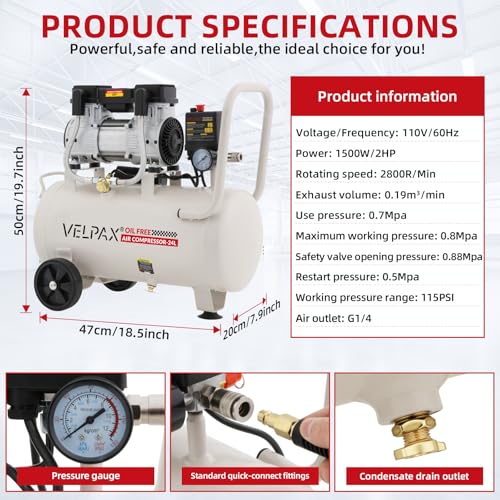Ultra Quiet Air Compressor, Only 60dB, 6.4 Gallon Tank, Oil-Free, 110V/60Hz 2HP, 6.71CFM@115PSI, Air Compressor Perfect for Spray Painting, Auto Repair, Tire inflation, Woodwork nailing - size: 6.4 Gallon