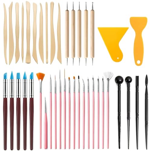 41PCS Polymer Clay Tools Kit, Clay Sculpting Art Tool Set with Wooden Carving Tools, Ball Stylus, Silicone Scrapers, Art Brushes for Pottery, Modeling, Nail Art, DIY Crafts for Beginners-Pink - color: 41Pcs-Pink