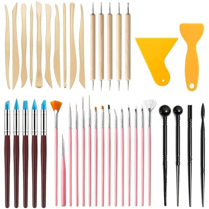 41PCS Polymer Clay Tools Kit, Clay Sculpting Art Tool Set with Wooden Carving Tools, Ball Stylus, Silicone Scrapers, Art Brushes for Pottery, Modeling, Nail Art, DIY Crafts for Beginners-Pink - color: 41Pcs-Pink