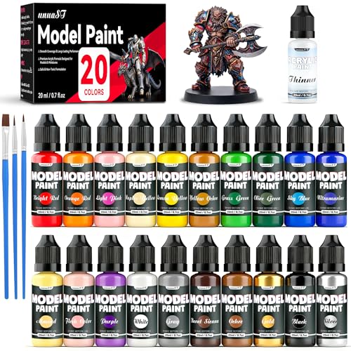 20 Colors Model Paint Set, Model Acrylic Paint Set for Brush & Airbrush Use | 0.7oz/20ml, Includes 3 Brushes & 1 Thinner, Ready to Use, Miniature Paint Set for Models, Gaming Figures, Crafts, 3D Paints