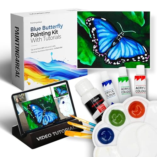 DIY Painting Class Kits for Adults with Video Tutorials, Learn to Paint Blue Butterfly, How to Paint with Acrylic Paint Sets for Adult, 9 Peices Art Set & Painting Supplies Gifts for Mom - color: Majestic Butterfly