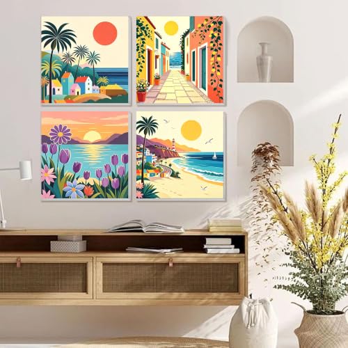 4 Pack Scenery Paint by Numbers for Adults with Frame Canvas - Wooden Easel - color: BKH2816+BKH2817+BKH2818+BKH2819