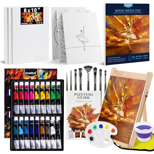 koseibal Kids Acrylic Paint Set with Canvas, Art Supplies Kits for Adults | Art Painting Supplies Kit for Beginners & Adults 18 Vibrant 22ml Acrylic Paint, 6 Canvas Boards, Desktop Easel - color: 18x22ml+Easel-S