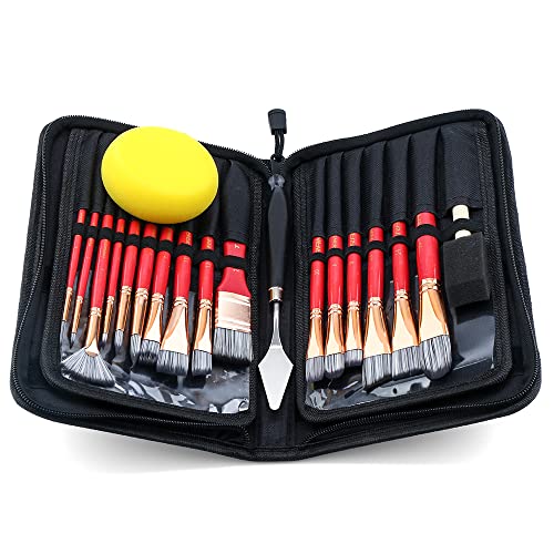 Transon 20Pcs Art Paint Brush Kit with Storage Case, 16 Brushes + Foam Brush Spatula Sponge for Acrylic Oil Watercolor Gouache, Adults Teens Beginners Art Supplies - color: Pink