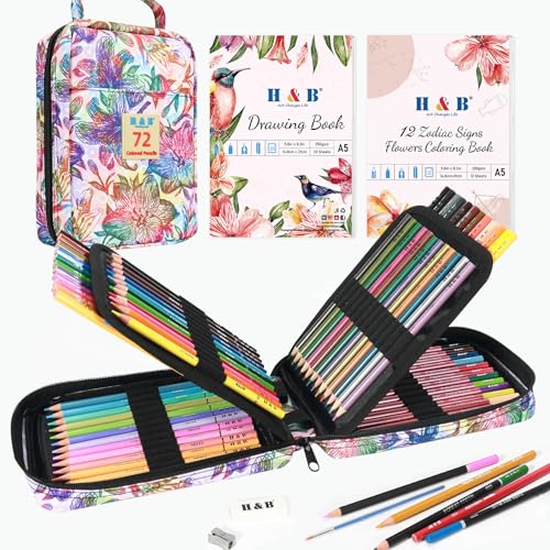H & B Art Supplies, 72 Pack Drawing Supplies for Adults, Drawing Kit with Drawing Book, Coloring Book, Watercolor, Metallic Charcoal Macaron Oil-Based Coloured Pencils for Artists - size: 72, style: 4-Flora (Combation)
