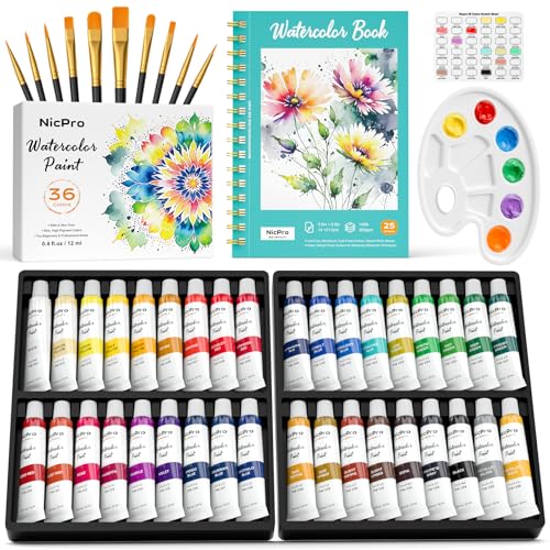 Nicpro Watercolor Paint Set for Adults Kids, 36 Colors Watercolor Tube Set | 12ml/0.4oz Tube, with10 Paint Brushes, 25-Sheet Watercolor Paper Book, Palette, Water Color Art Supplies for Artists Gift - color: 36 Colors Set