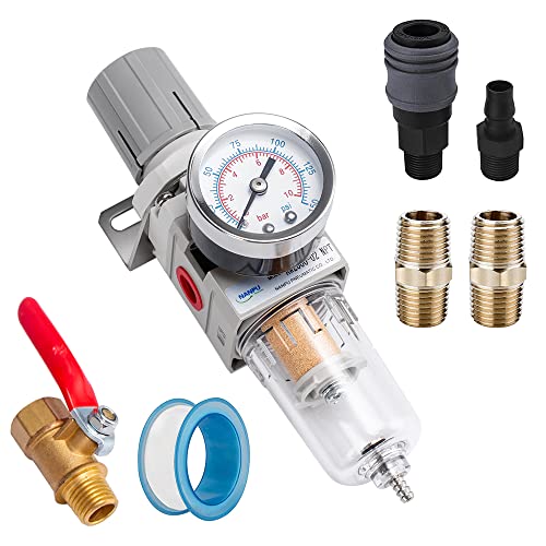 1/4" NPT Air Compressor Filter, Regulator Combo w/Gauge, Ball Valve | 5-micron brass element, water/oil separator, poly bowl, semi-auto drain, ball valve, 20 SCFM—for airbrush & air tools - size: 1/4" NPT w/ Ball Valve, style: Semi-Auto Drain