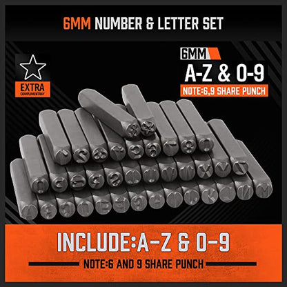 HORUSDY 37-Piece Easy-to-Pick Metal Letter & Number Stamp Set, 1/4” (6mm), Includes Star Symbol, Letter Punch Set for Jewelry, Metal, Leather & DIY Stamping - color: (1/4”) 6mm