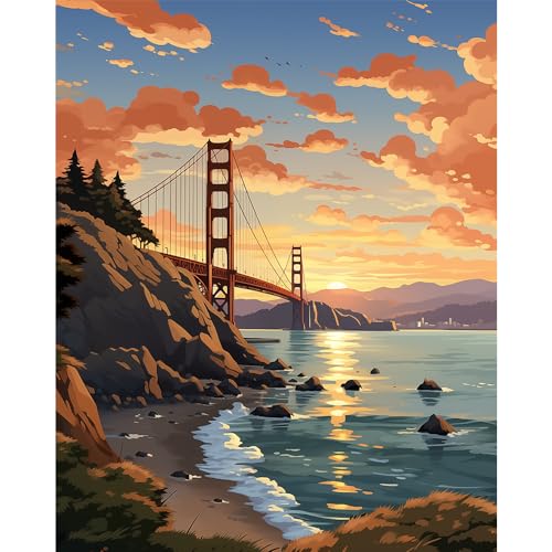 Natuyalo Paint by Numbers for Adults Beginner, Golden Gate Bridge Acrylic Easy Paint by Numbers Kits San Francisco Landscape Craft Kits for Adults Suitable for Wall Decoration Flameless 16x20 Inch - color: ART-08