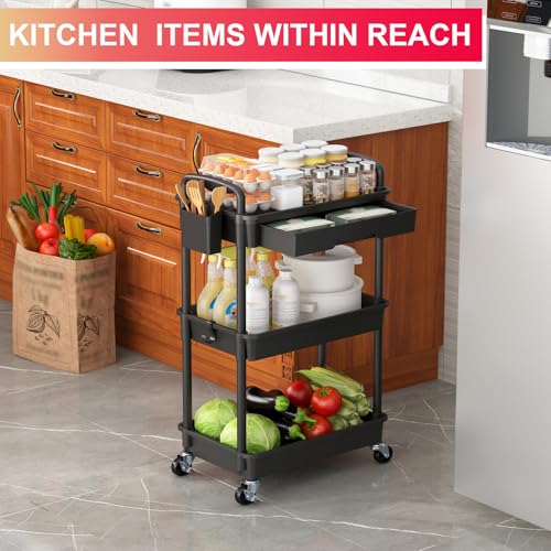 Goovilla 3 Tier Rolling Utility Cart Organizer with Removable Drawer, Black | Stable and Sturdy Rolling Storage Carts with 2 Lockable Wheels for Bathroom, Kitchen, Snack, Craft, Makeup, Baby Essentials - size: 3 Tier, style: Black