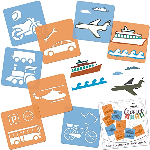 NAKLEO Painting Stencils for Kids, 8 Pcs Set 6x6” Transport Cars, Children Creative Drawing Templates Plastic and Reusable, DIY Decoration Arts and Crafts, Paper Wall Wood Fabric - color: TRANSPORT – CARS