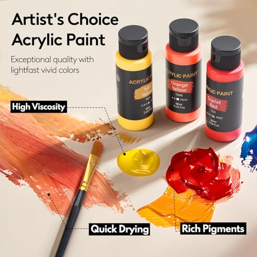 TMOL Acrylic Paint Set, 24 Colors (2 oz/Bottle) with 12 Art Brushes, Art Supplies for Painting Canvas, Wood, Ceramic & Fabric, Rich Pigments Lasting Quality for Beginners, Students & Professional Artist - style: 24 Colors Acrylic Paint 2 fl oz/60 ml