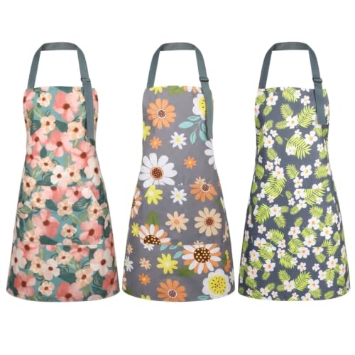 BOUMUSOE 3 Pack Floral Aprons with Pocket, Blooming Womens Aprons | Waterproof Adjustable Cooking Aprons for Kitchen Gardening and Salon - color: Orange, Green, Pink