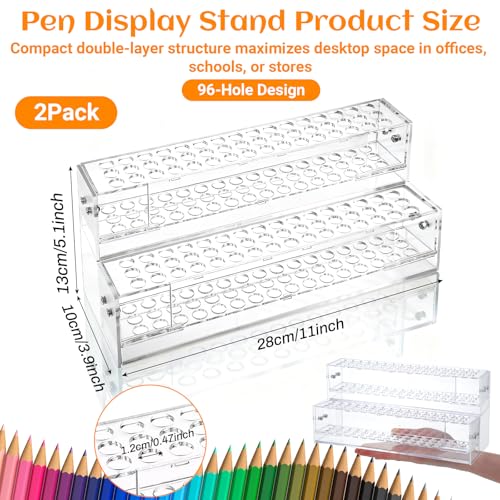 2 Pcs 2-Tier Clear Acrylic Pen Holder with 96 Slots - Multi-Hole Acrylic Pen Display Stand for Organization, Perfect Makeup Brush Holder & Art Brush Rack Organizer for Office Desk, Craft Shows