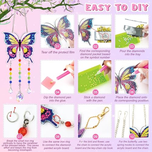 Arts and Crafts for Kids Ages 8-12, Diamond Art Kits for Kids Birthday Gifts for 5 6 7 8 9 10 11 Year Old Girls Diamond Painting Kits for Adults Teen, Gem Art Suncatcher Wind Chime for Home Garden