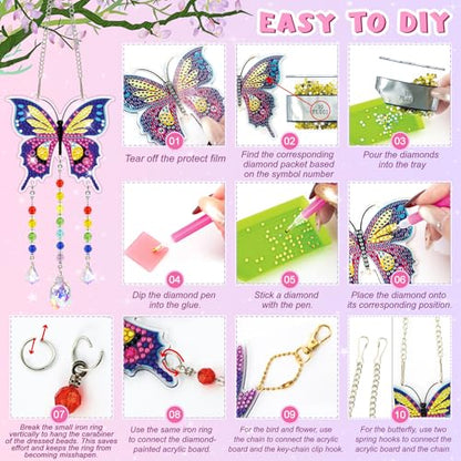 Arts and Crafts for Kids Ages 8-12, Diamond Art Kits for Kids Birthday Gifts for 5 6 7 8 9 10 11 Year Old Girls Diamond Painting Kits for Adults Teen, Gem Art Suncatcher Wind Chime for Home Garden