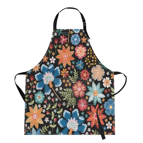 Apron with Pockets, 32x28 inch, for Women Men, Flower Colorful | Botanical Vintage Summer Flower Waterproof Adjustable Bib Aprons for Kitchen Cooking Baking Painting Gardening - color: Flower Botanical