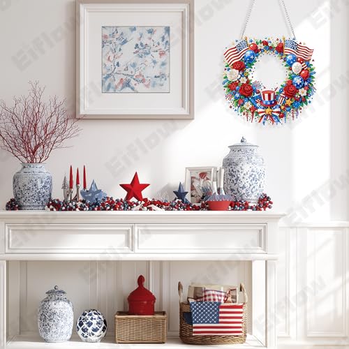 Eiflow Acrylic Diamond Art Hanging Kit for Adults 4th of July, DIY Diamonds Painting Door Hanging Board Kit, Special Crystal Diamond Art Painting Pendant Ornament (Patriotic Wreath) - color: Patriotic Wreath
