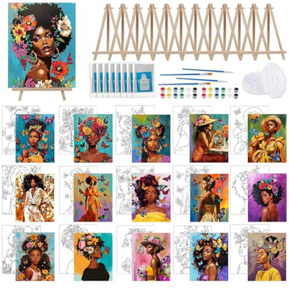 Tenceur 16 Sets Pre Drawn Canvas to Paint for Sip and Paint Party, 8 x 10 Inch Preprinted Framed Pre Sketched Coloring Canvas with Easels and Brushes for Adults Party Supplies(Black Girl) - style: Black Girl