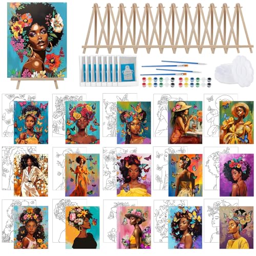 Tenceur 16 Sets Pre Drawn Canvas to Paint for Sip and Paint Party, 8 x 10 Inch Preprinted Framed Pre Sketched Coloring Canvas with Easels and Brushes for Adults Party Supplies(Black Girl) - style: Black Girl