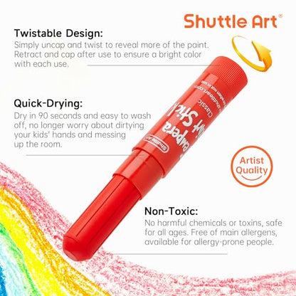 Shuttle Art Tempera Paint Sticks 60 Pack 30 Colors, Kids Safe, Washable | Fast Drying Solid Paint Sticks, Works Smoothly and Creamy on Paper, Wood, Glass, Ceramic and Canvas for Kids Art Creation