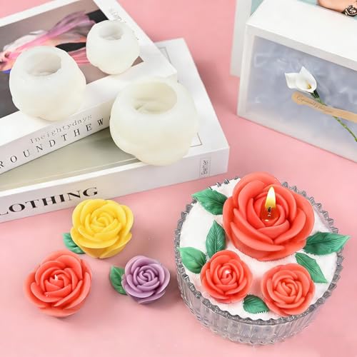 Rose Candle Molds, 3 Sizes Rose Flower Mold with Leaf Mold Set - color: Set of Large + Medium + Small Rose with Leaf Molds