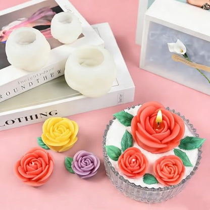 Rose Candle Molds, 3 Sizes Rose Flower Mold with Leaf Mold Set - color: Set of Large + Medium + Small Rose with Leaf Molds