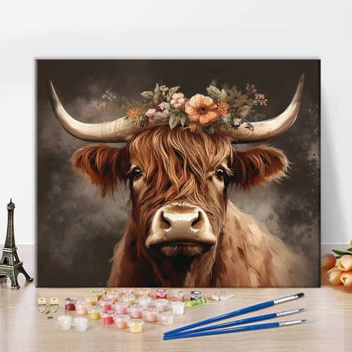 TUMOVO Highland Cow Paint by Numbers for Adults Beginner | Unframed easy to follow farm animal DIY arts craft 16"x20" highland cattle with the flower oil painting kits on canvas