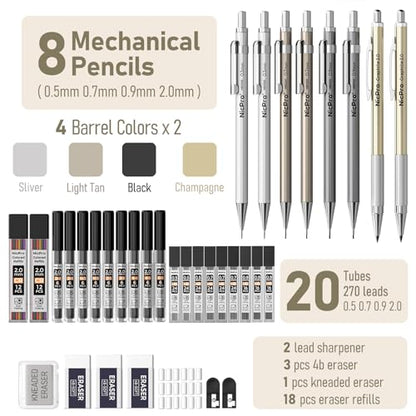 Nicpro 37PCS Art Mechanical Pencil Set, Metal Drafting Pencils 0.5 mm, 0.7 mm, 0.9 mm & 2mm Lead Pencil Holder (6B 4B 2B HB 2H 4H Colors) For Sketching Drawing With 20 Tube Lead Refills Eraser Case - style: 8 Pack （0.5mm & 0.7mm & 0.9mm & 2.0mm）
