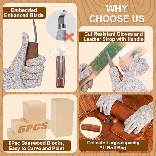 Wood Carving Kit, 46Pcs Wood Carving Tools with 6pcs Whittling Knives & 5pcs Detail Knives &12 Color Paint Set & Beewax, Whittling Kit for Beginners and Enthusiasts