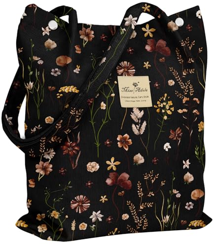 Miss Adola Corduroy Tote Bag for Women with Aesthetic Design | Magnetic Buckle & Pocket, Reusable, Soft, Roomy, Long Shoulder Handles, Double-sided Print, Casual Daily Work, Grocery Bags - color: Black Grow Flower