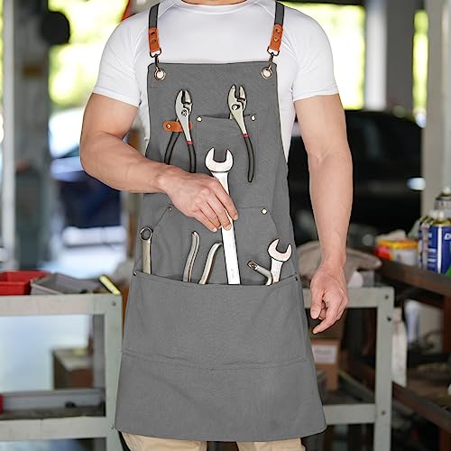 Aoomzoon Canvas Aprons for Men Chef Apron, Work Apron with Large Pockets - 16oz Heavy Duty Cross Back, BBQ, Cooking - color: Gray
