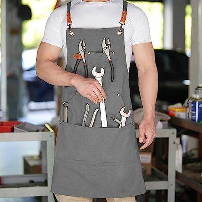 Aoomzoon Canvas Aprons for Men Chef Apron, Work Apron with Large Pockets - 16oz Heavy Duty Cross Back, BBQ, Cooking - color: Gray