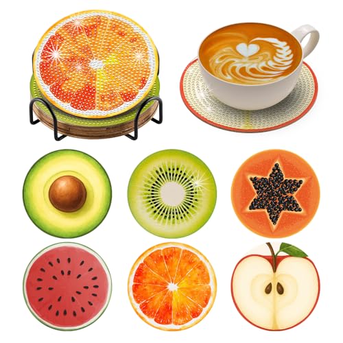 Zynlio Fruit Diamond Paintings Coasters Kits Set with Holder,Diamond Art, DIY Diamond Crafts Coasters for Adults, Diamond Art Painting Kits for Women, Beginners, Diamond Craft Supplies - color: fruit