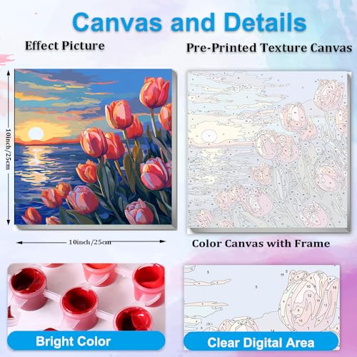Artunion Framed Paint by Numbers Kit for Adults Beginners & Kids Ages 8-12,Sunset Tulip Flower Paint by Number with Frame,Floral Paint by Numbers Kit on Canvas 10 * 10 Inch Without Easel - color: ZXT-189-F