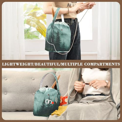 Green Mountains and Pine Trees 3500 Yarn Bag Small Crochet Bag Drawstring Yarn Storage Organizer Knitting Project Bags Potable Yarn Holder with Holes Handle Crocheting Needles Knitting Access - color: Green Mountains and Pine Trees