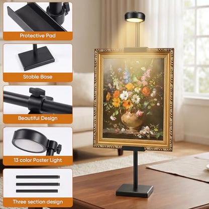 30'' Adjustable Tabletop Easel Stand with Rechargeable 13RGB Poster Light | Picture Frame Light, Picture Easels for Display,Black Metal Picture Frame Holder Stand for Artwork, Photo,Sign. - color: Black