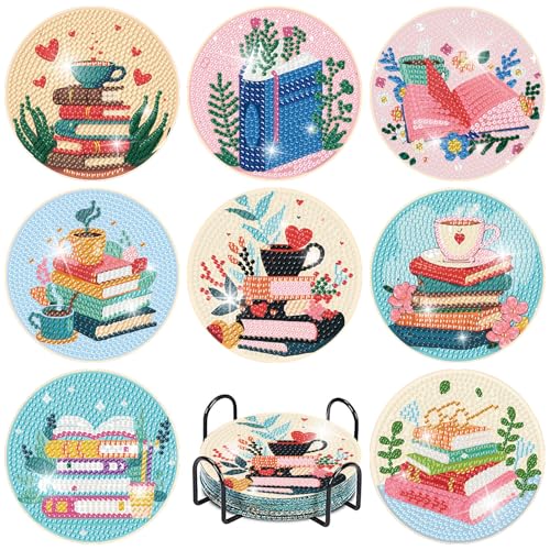 8 Pcs Book Diamond Art Coasters Kit for Adults, Book Lovers Wooden Coffee Diamond Painting Coasters with Holder, 5D Gem Art Dots Painting Coaster with Cork Pads - Crafts Supplies for Home Decor - color: Jxbd47-us